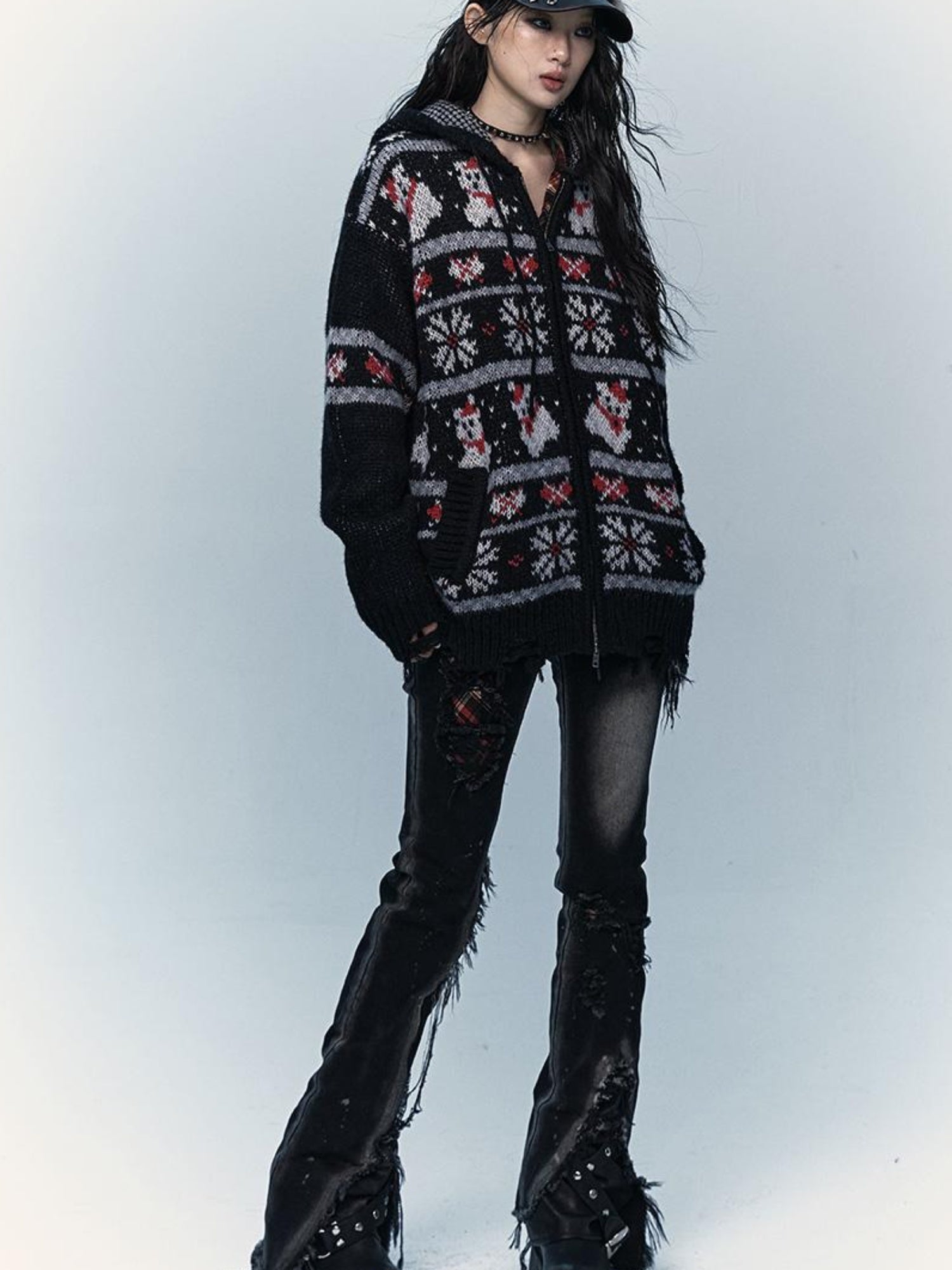 NO ROMANCE Cozy Fair Isle Mohair Wool Knit Cardigan Sweater