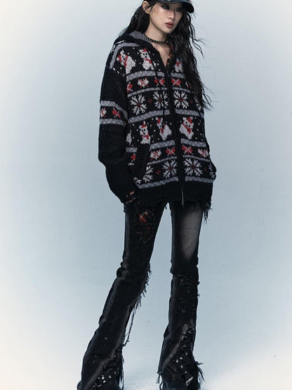 NO ROMANCE Cozy Fair Isle Mohair Wool Knit Cardigan Sweater