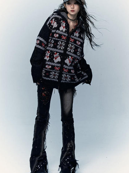 NO ROMANCE Cozy Fair Isle Mohair Wool Knit Cardigan Sweater