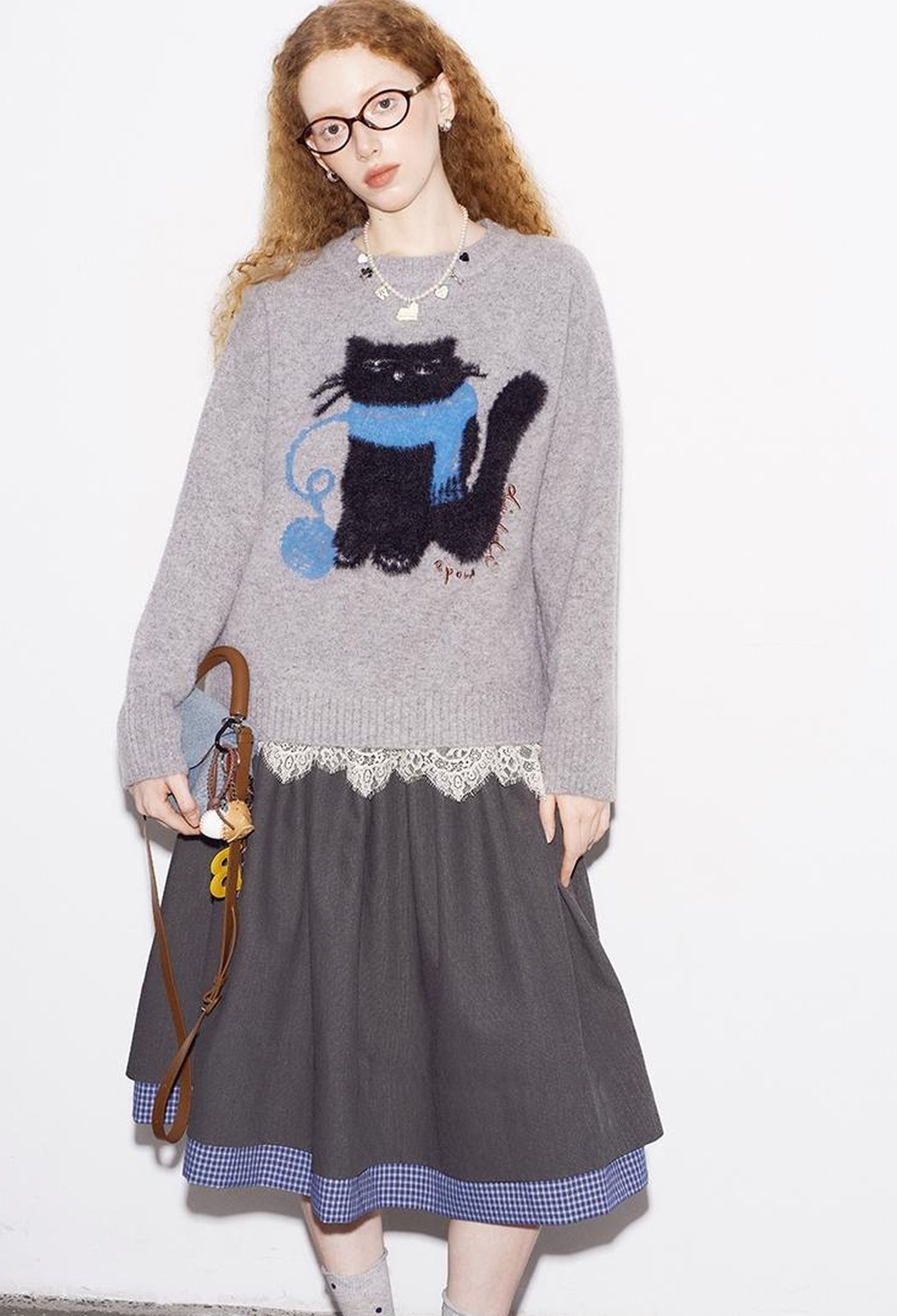 DIDDI MODA Cozy Knit Cat Yarn Cable Sweater
