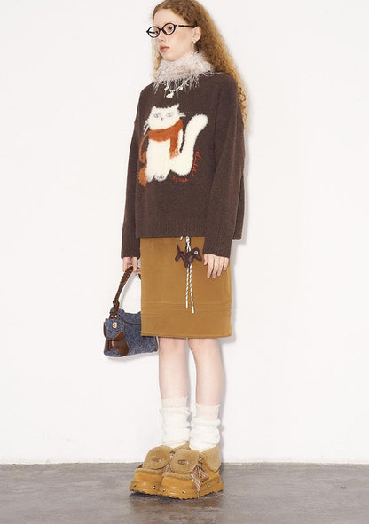 DIDDI MODA Cozy Knit Cat Yarn Cable Sweater