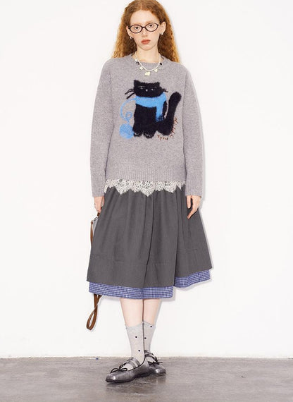 DIDDI MODA Cozy Knit Cat Yarn Cable Sweater
