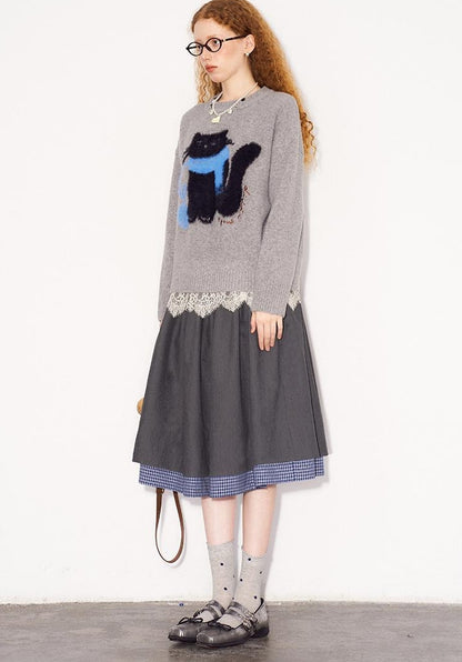 DIDDI MODA Cozy Knit Cat Yarn Cable Sweater