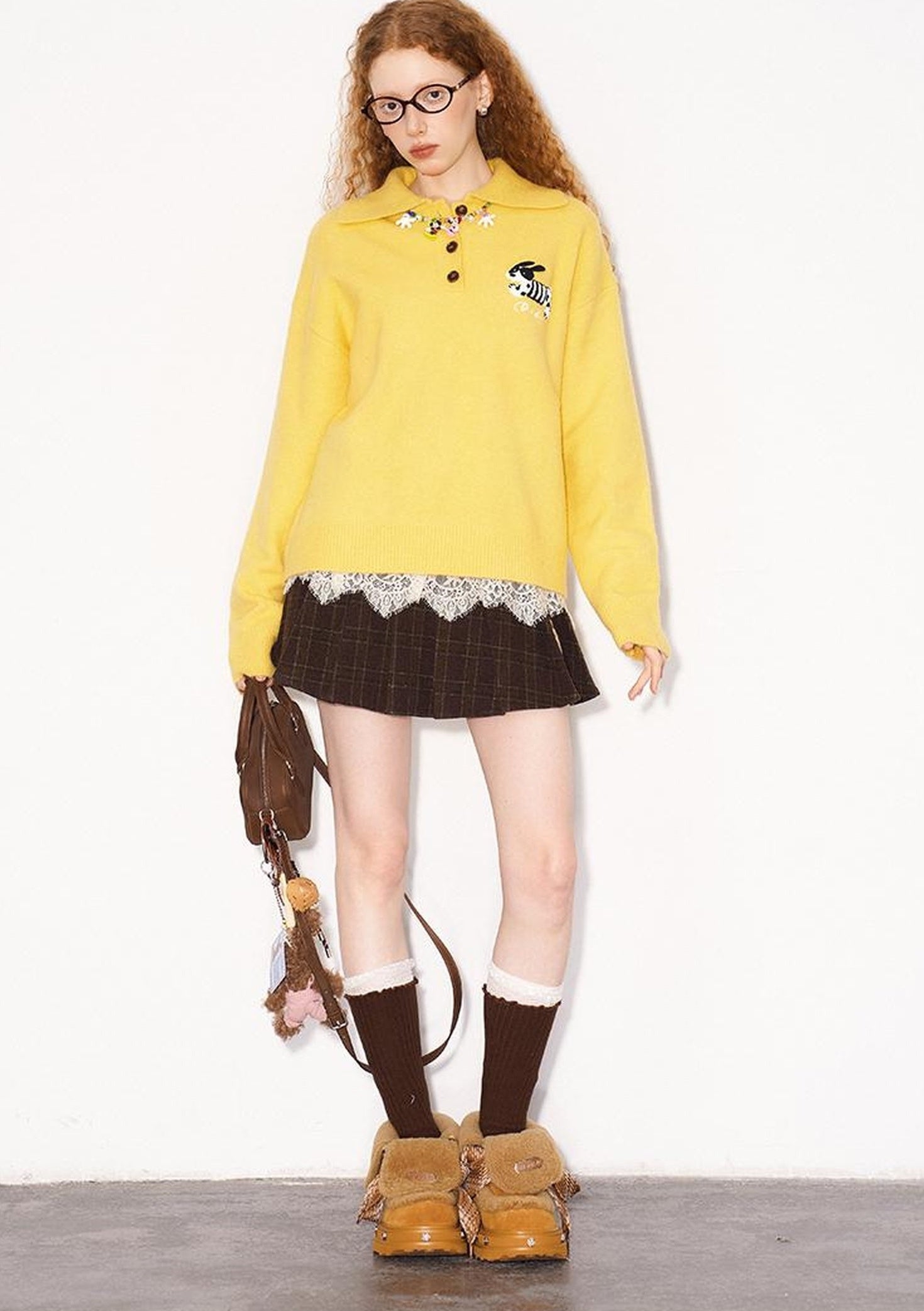 DIDDI MODA Cozy Puppy Embroidered Polo Sweater