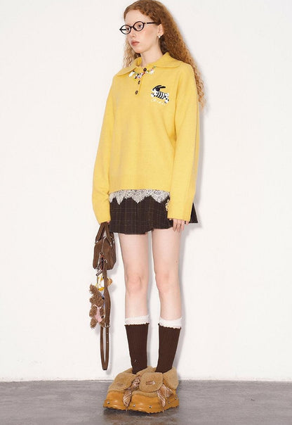 DIDDI MODA Cozy Puppy Embroidered Polo Sweater