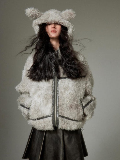 DIDDI MODA Cozy Rabbit Ear Faux Shearling Jacket