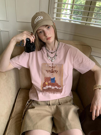Cozy Reading Bear Cotton Tee