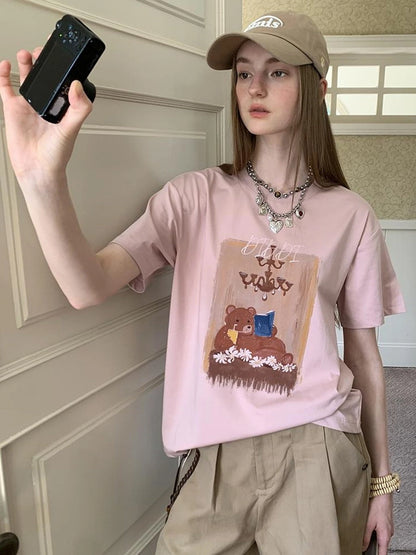 Cozy Reading Bear Cotton Tee