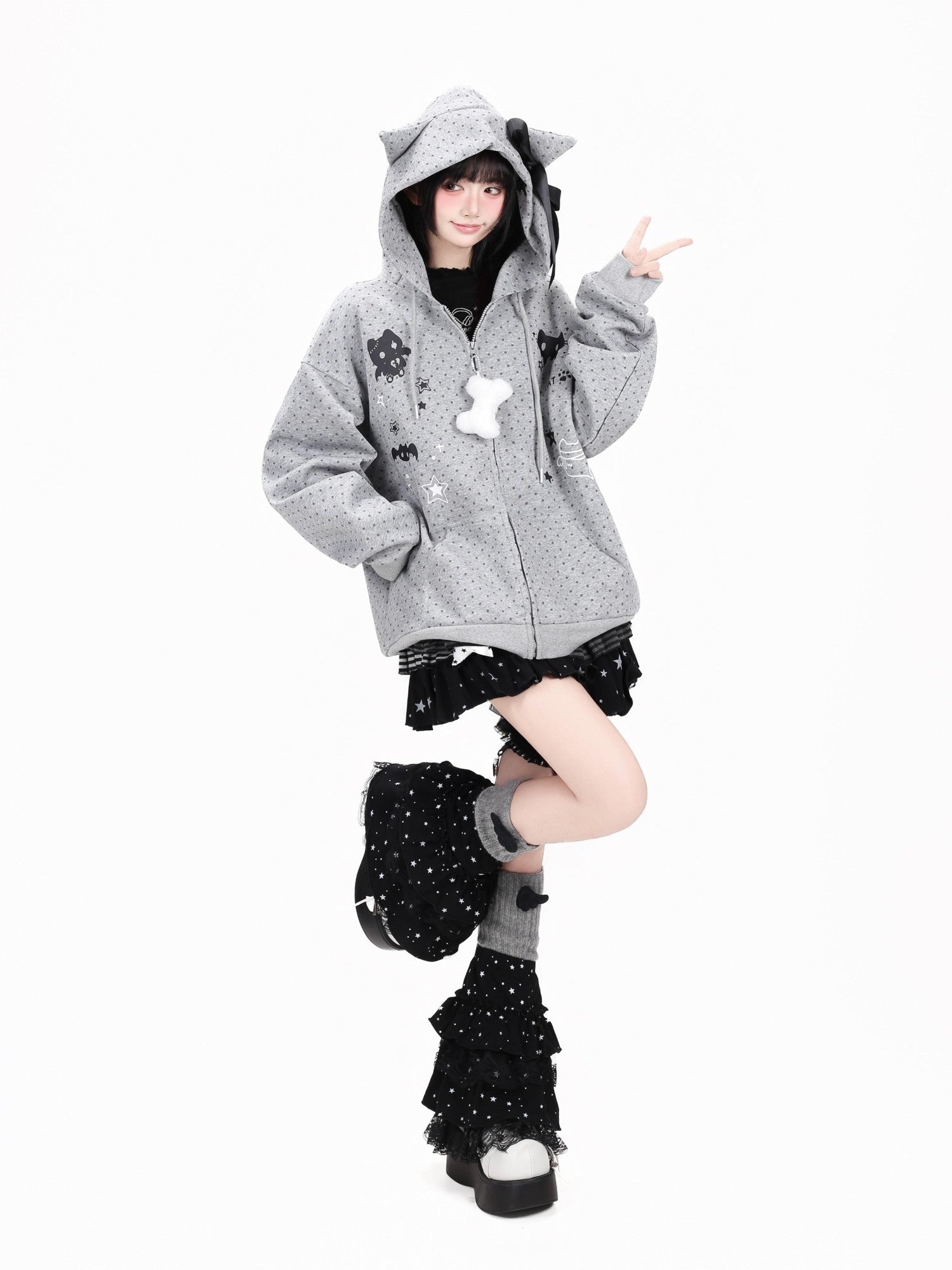 Crazy Girl 3d Cat Ear Polka Dot Hooded Loose Women&