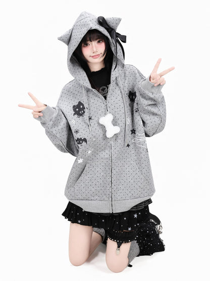 Crazy Girl 3d Cat Ear Polka Dot Hooded Loose Women&