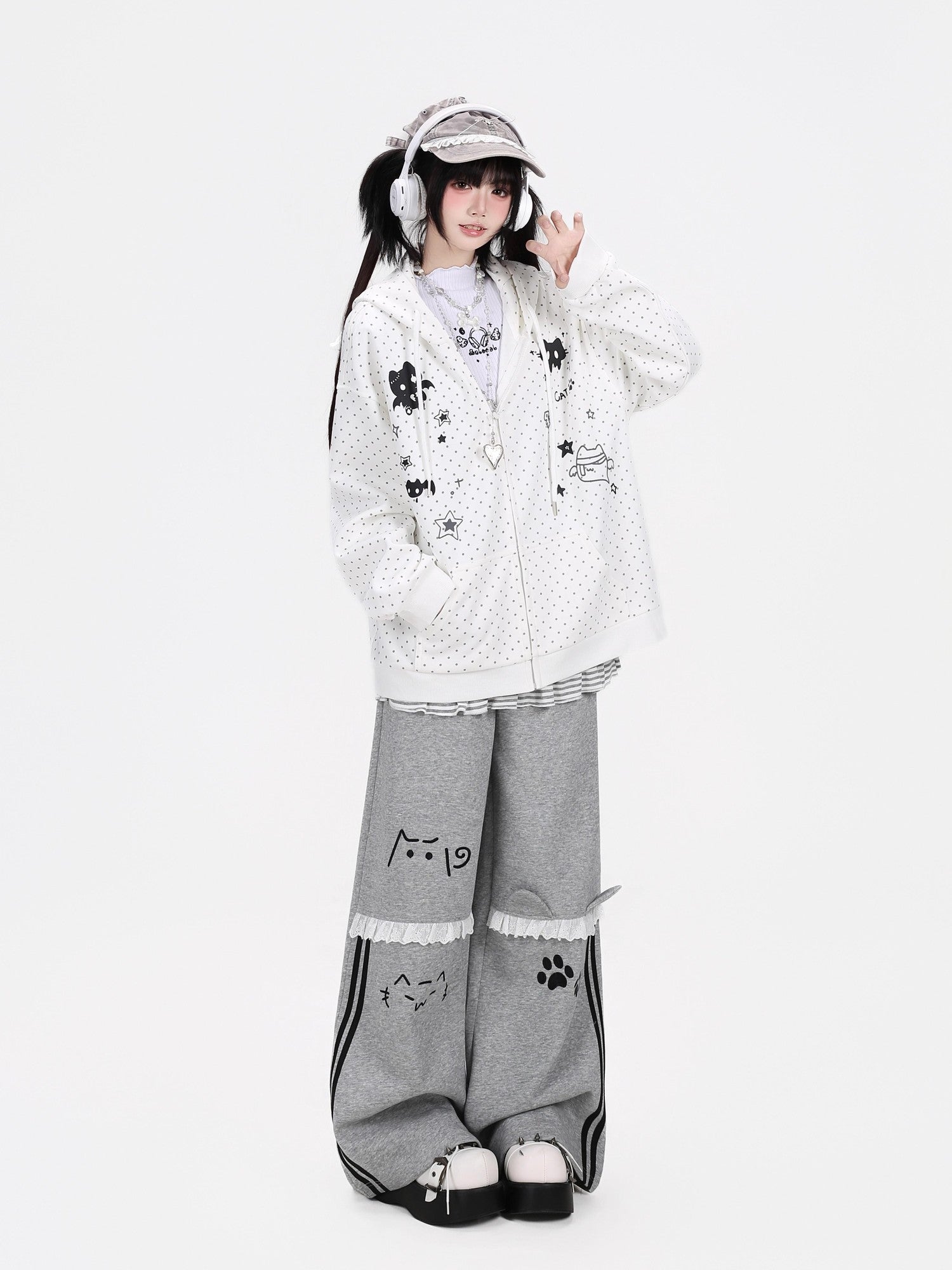 Crazy Girl 3d Cat Ear Polka Dot Hooded Loose Women&