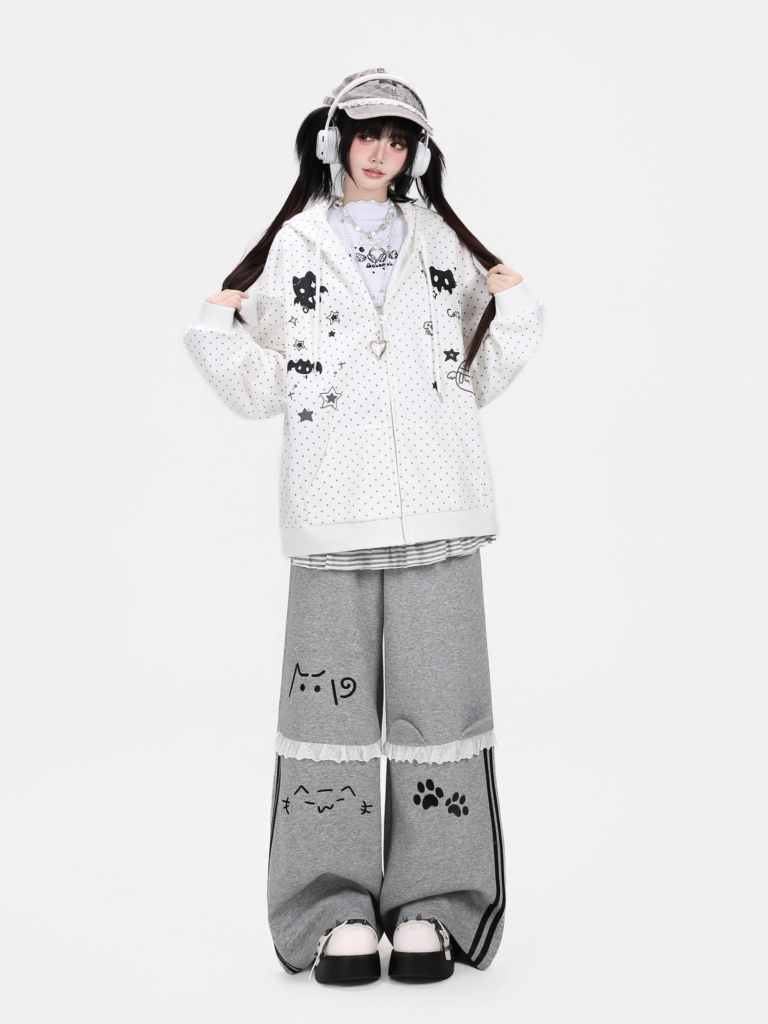Crazy Girl 3d Cat Ear Polka Dot Hooded Loose Women&