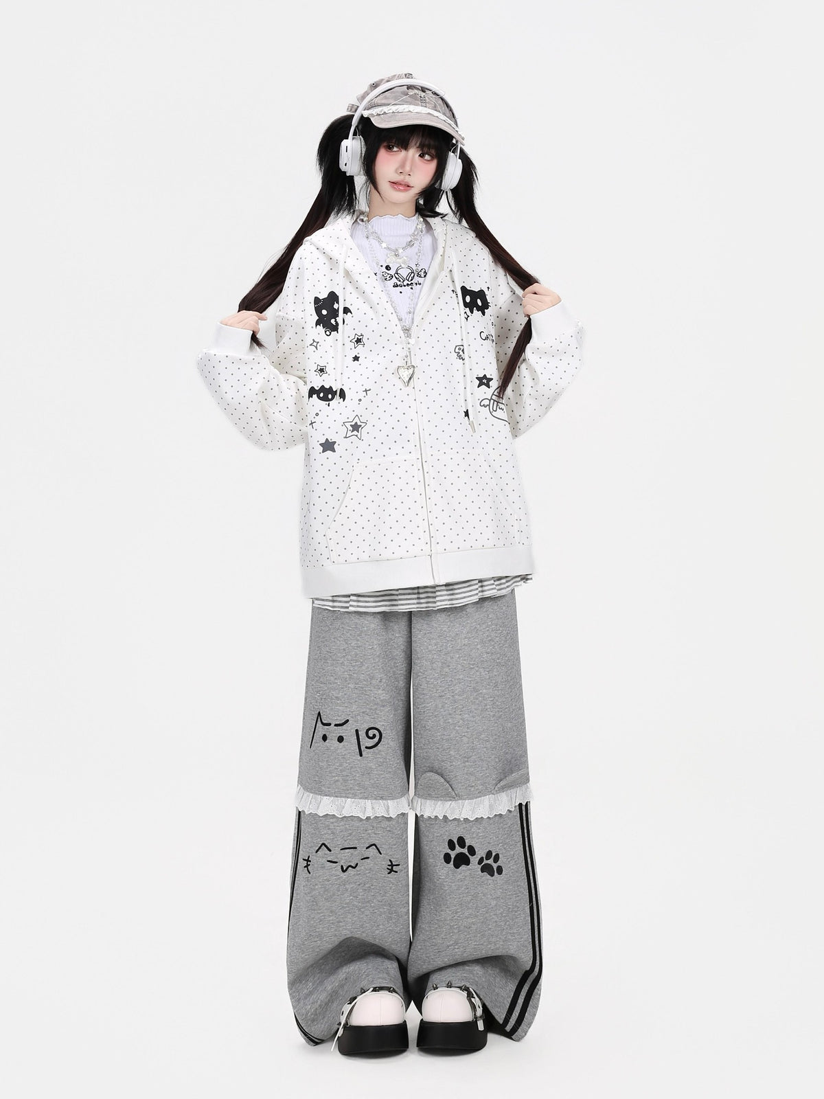 Crazy Girl 3d Cat Ear Polka Dot Hooded Loose Women&