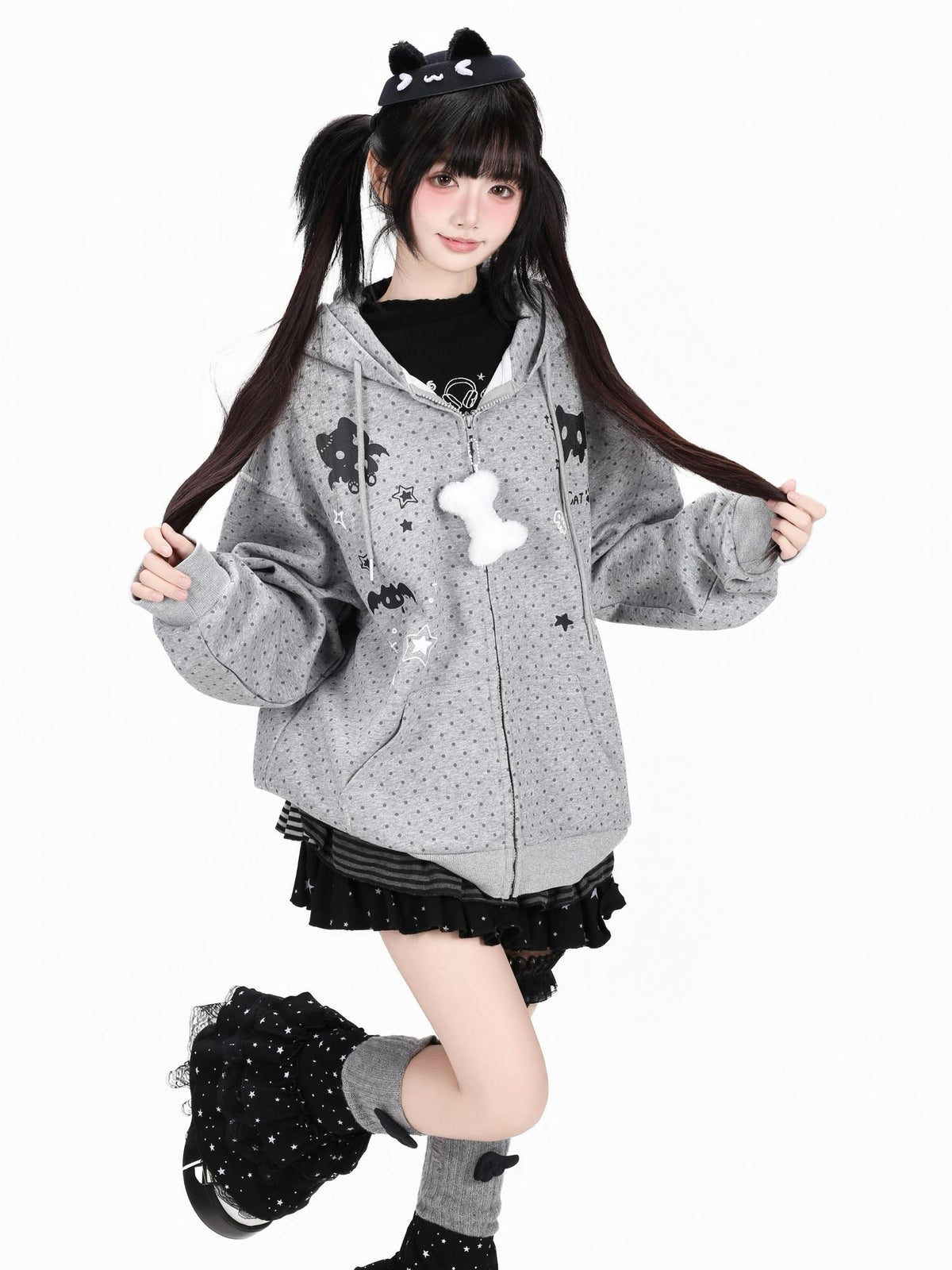 Crazy Girl 3d Cat Ear Polka Dot Hooded Loose Women&