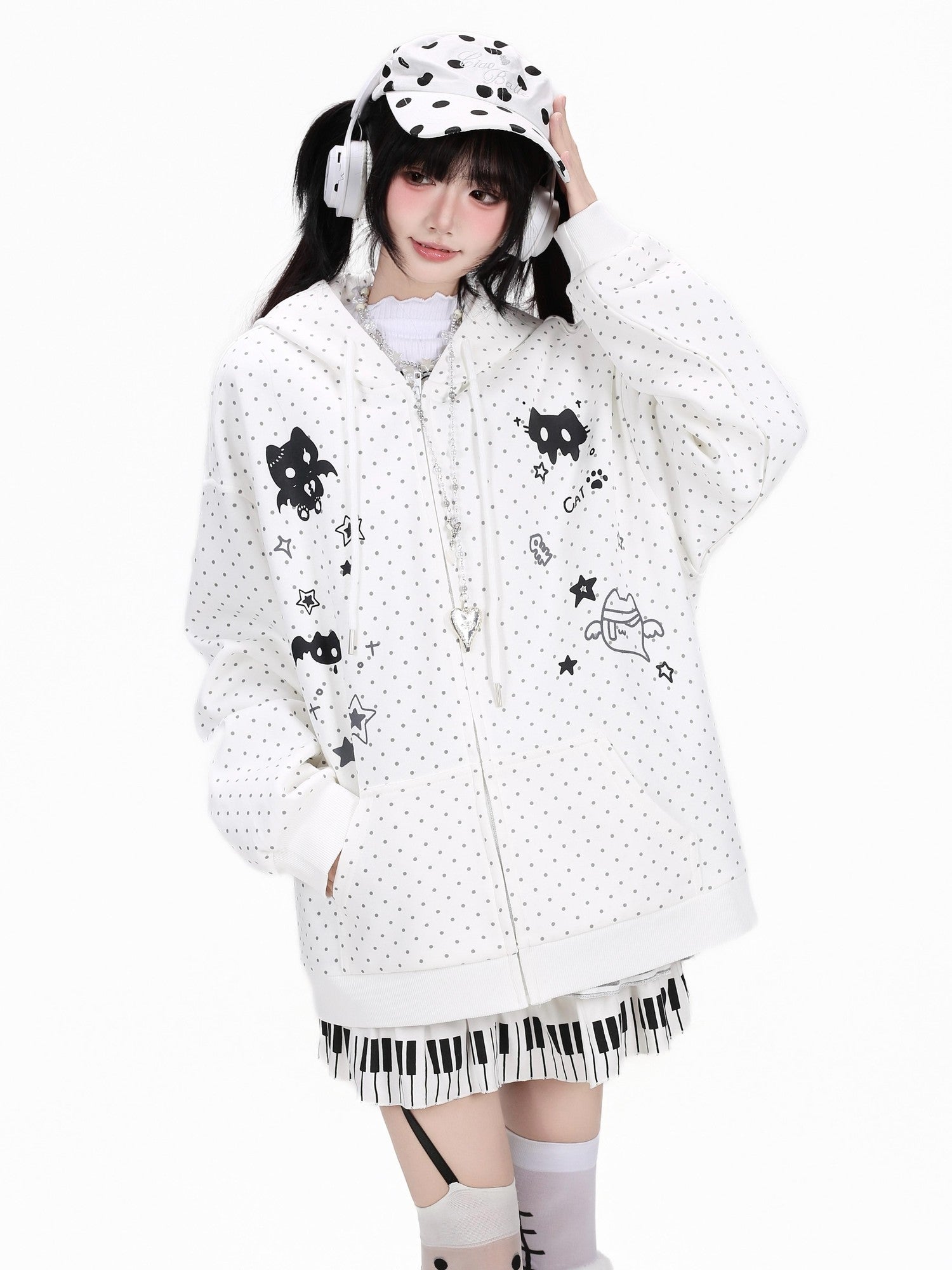 Crazy Girl 3d Cat Ear Polka Dot Hooded Loose Women&