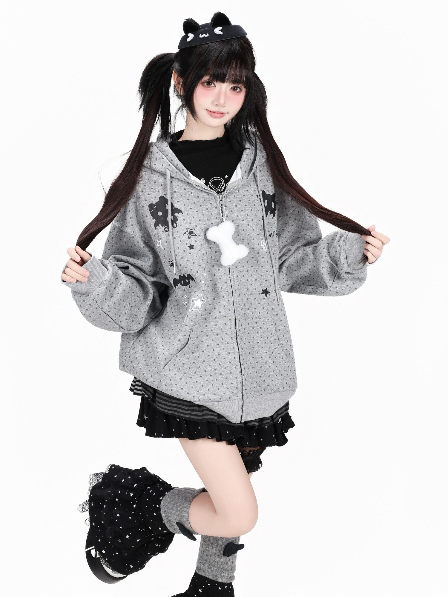 Crazy Girl 3d Cat Ear Polka Dot Hooded Loose Women&