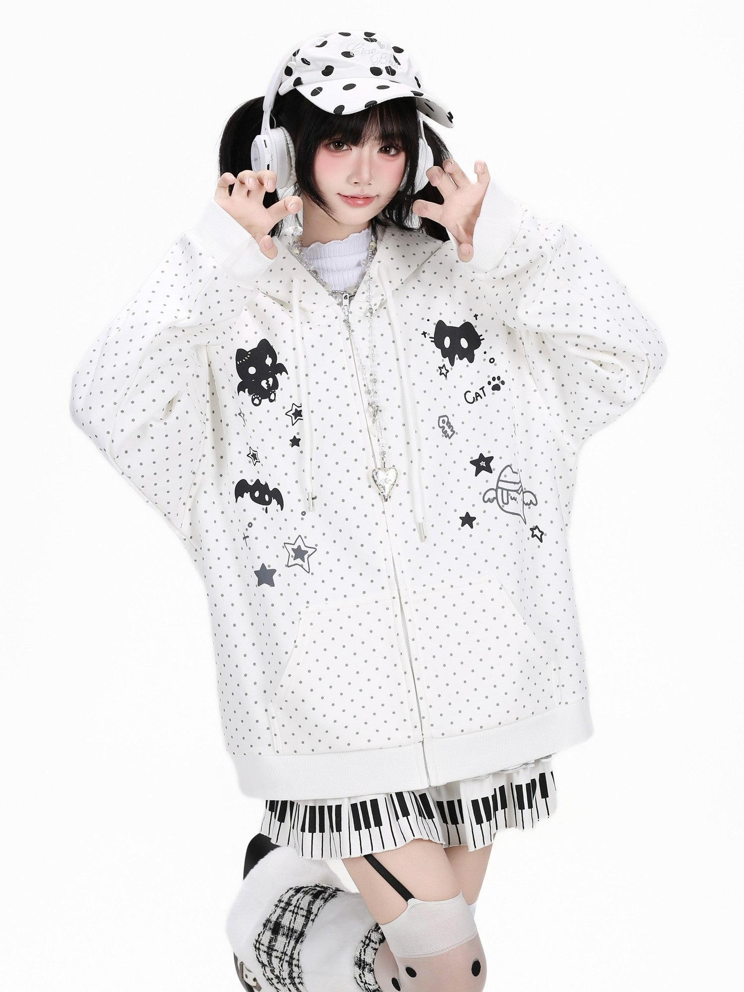 Crazy Girl 3d Cat Ear Polka Dot Hooded Loose Women&