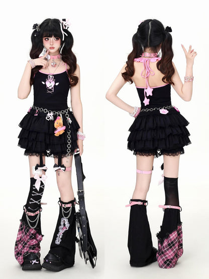 Crazy Girl 3d Star Heart Applique Tie Bow Halter Slim Cropped Women&