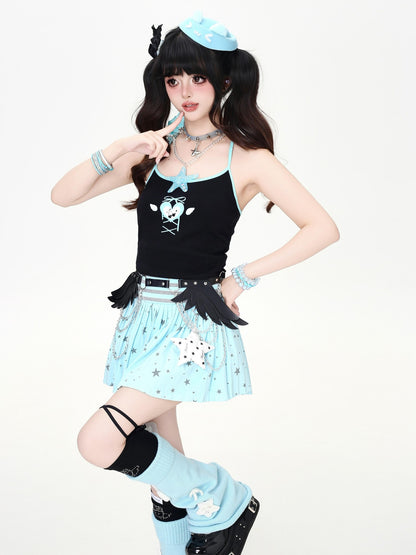 Crazy Girl 3d Star Heart Applique Tie Bow Halter Slim Cropped Women&
