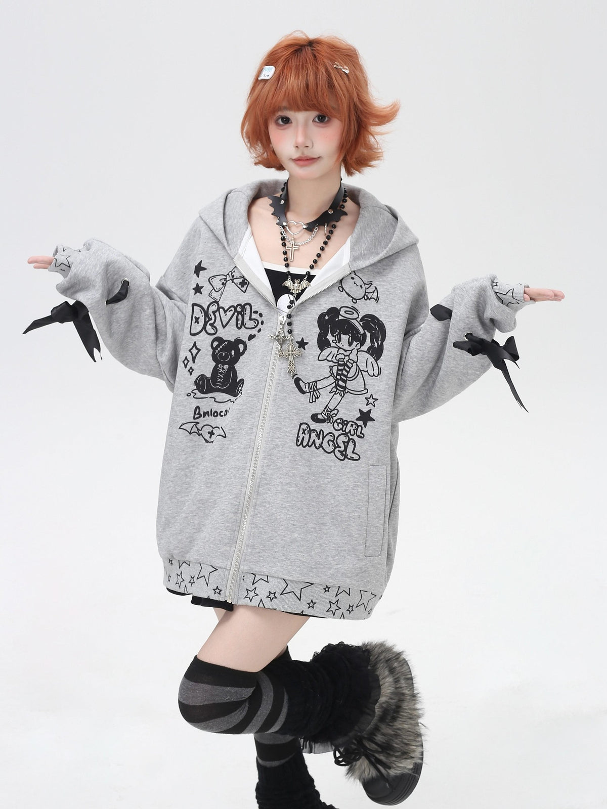 Crazy Girl 3d Wings Lace Up Subculture Hooded Loose Midlength Women&