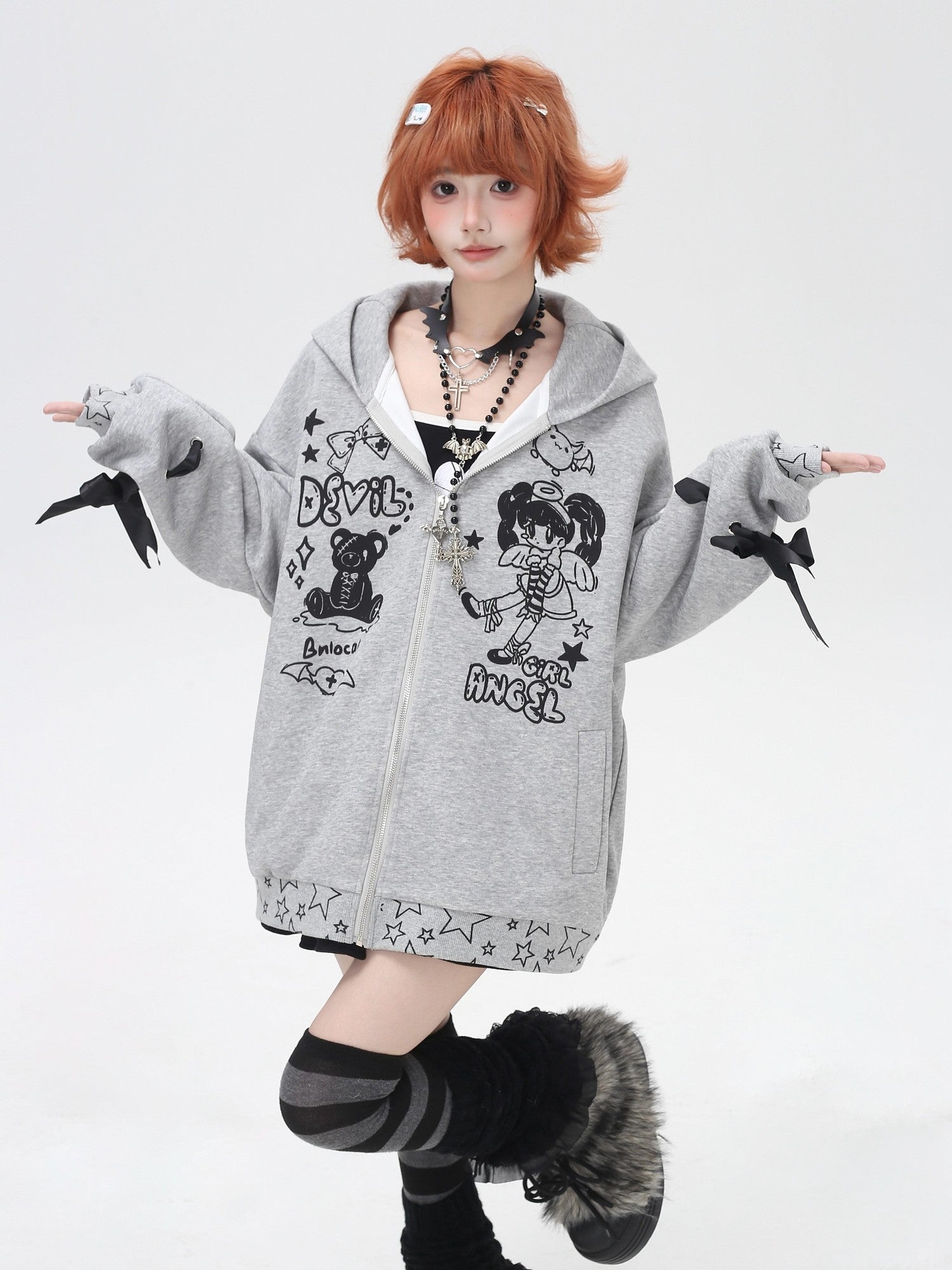 Crazy Girl 3d Wings Lace Up Subculture Hooded Loose Midlength Women&