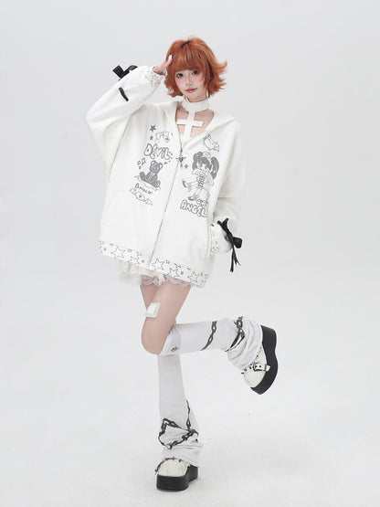 Crazy Girl 3d Wings Lace Up Subculture Hooded Loose Midlength Women&