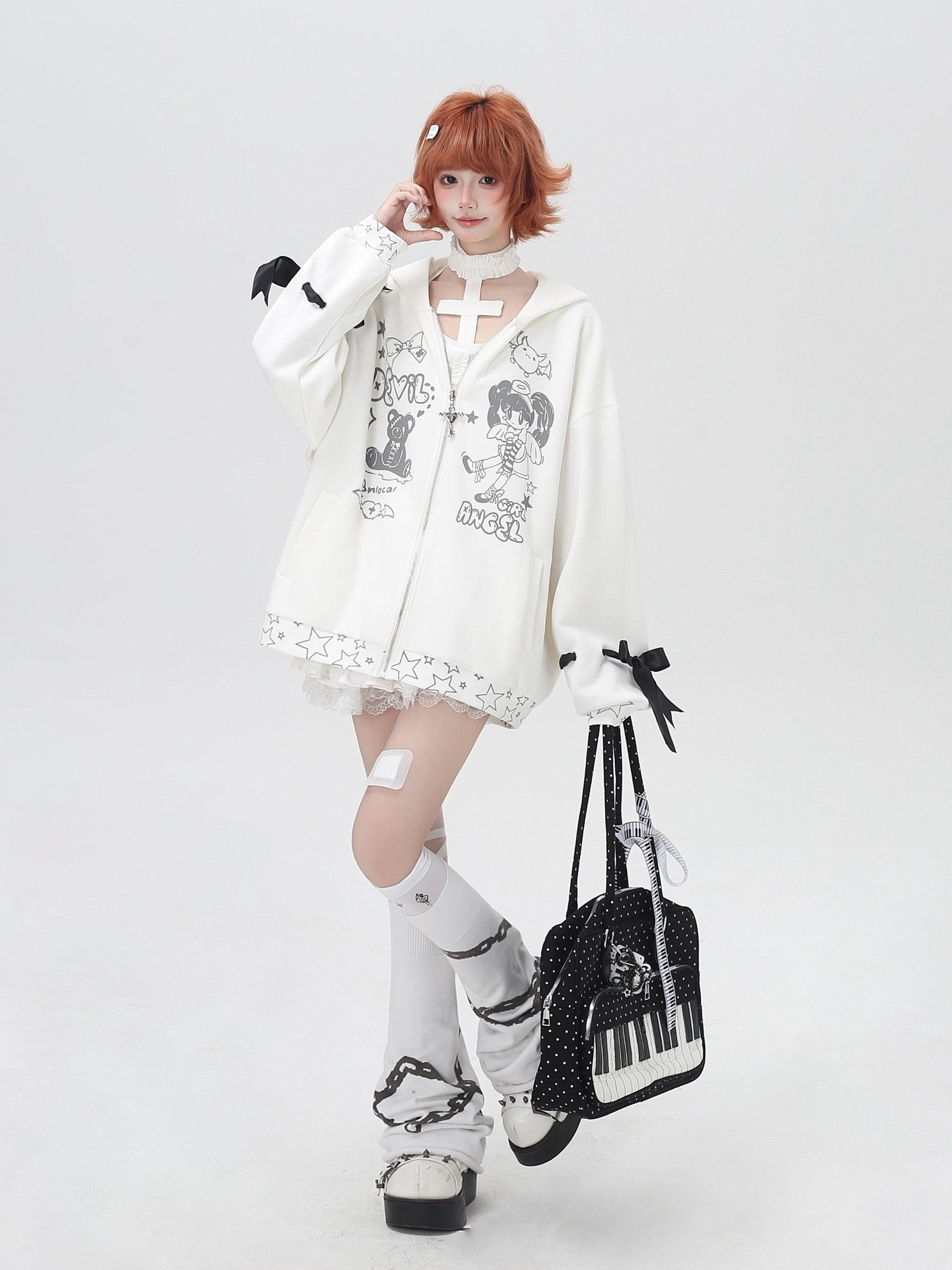 Crazy Girl 3d Wings Lace Up Subculture Hooded Loose Midlength Women&