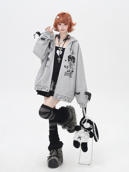 Crazy Girl 3d Wings Lace Up Subculture Hooded Loose Midlength Women&