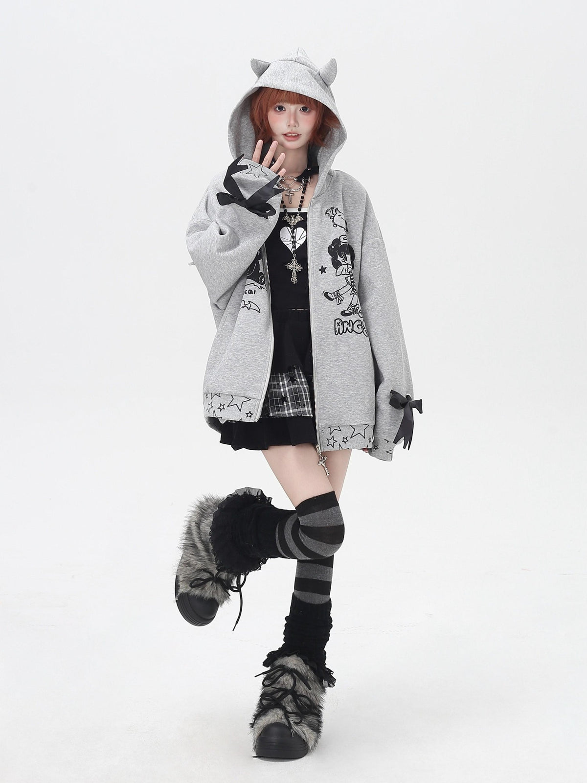 Crazy Girl 3d Wings Lace Up Subculture Hooded Loose Midlength Women&