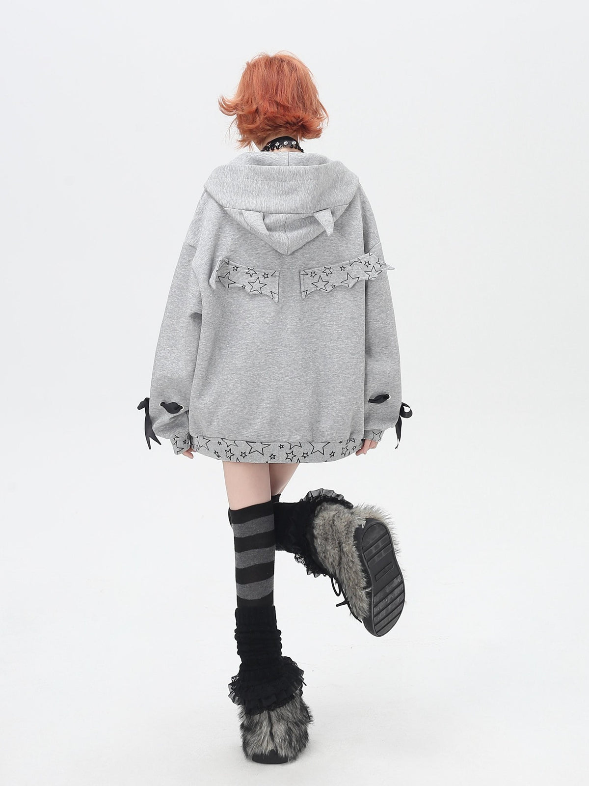 Crazy Girl 3d Wings Lace Up Subculture Hooded Loose Midlength Women&