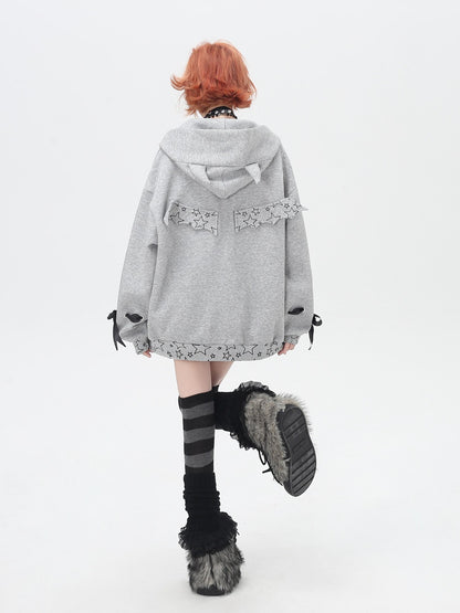 Crazy Girl 3d Wings Lace Up Subculture Hooded Loose Midlength Women&
