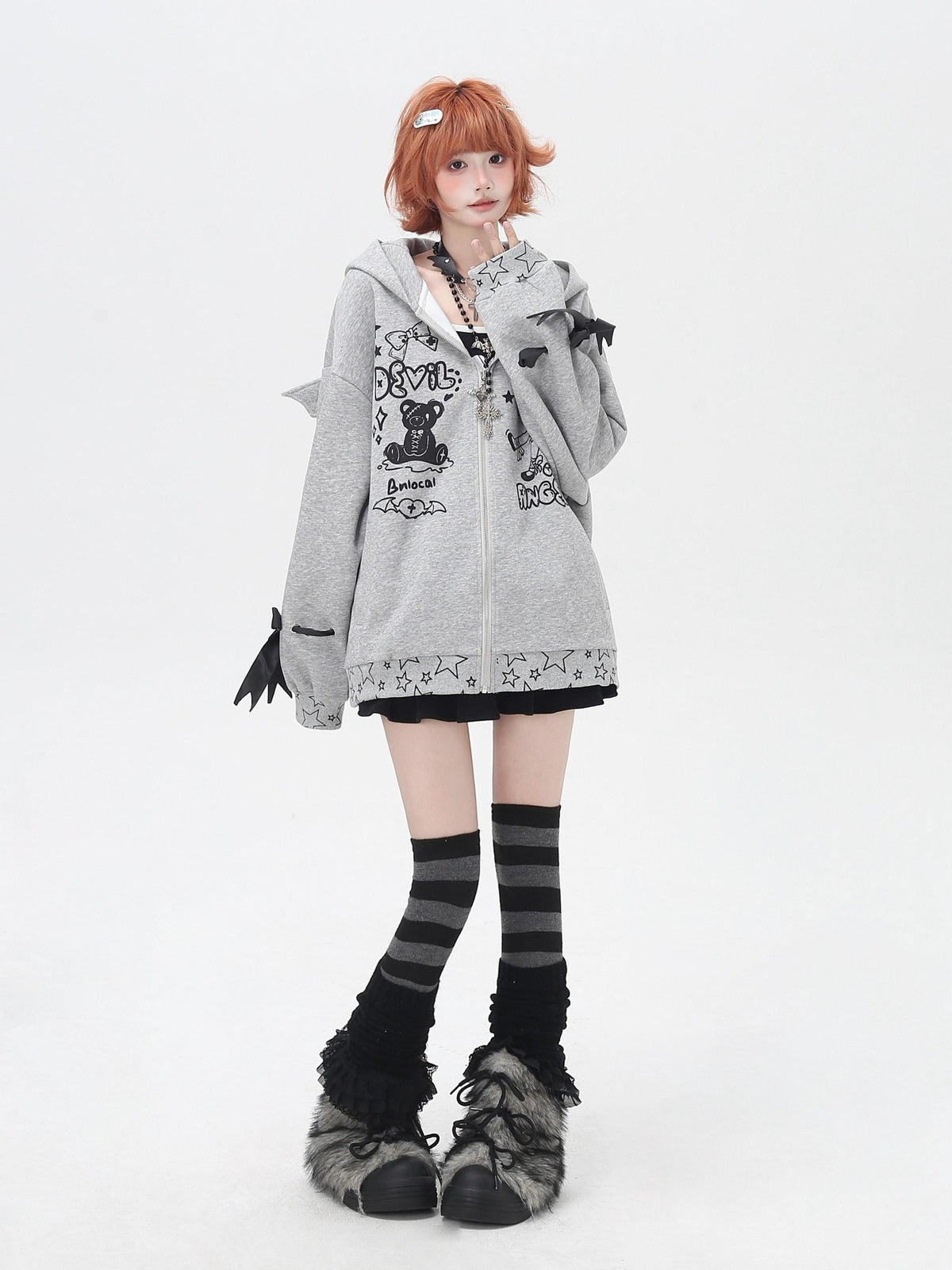 Crazy Girl 3d Wings Lace Up Subculture Hooded Loose Midlength Women&