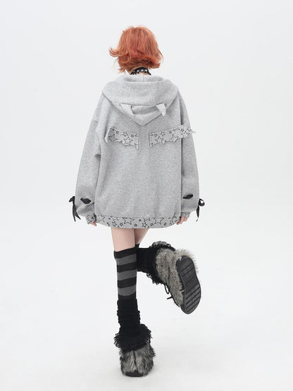Crazy Girl 3d Wings Lace Up Subculture Hooded Loose Midlength Women&