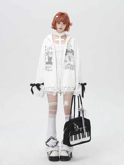 Crazy Girl 3d Wings Lace Up Subculture Hooded Loose Midlength Women&