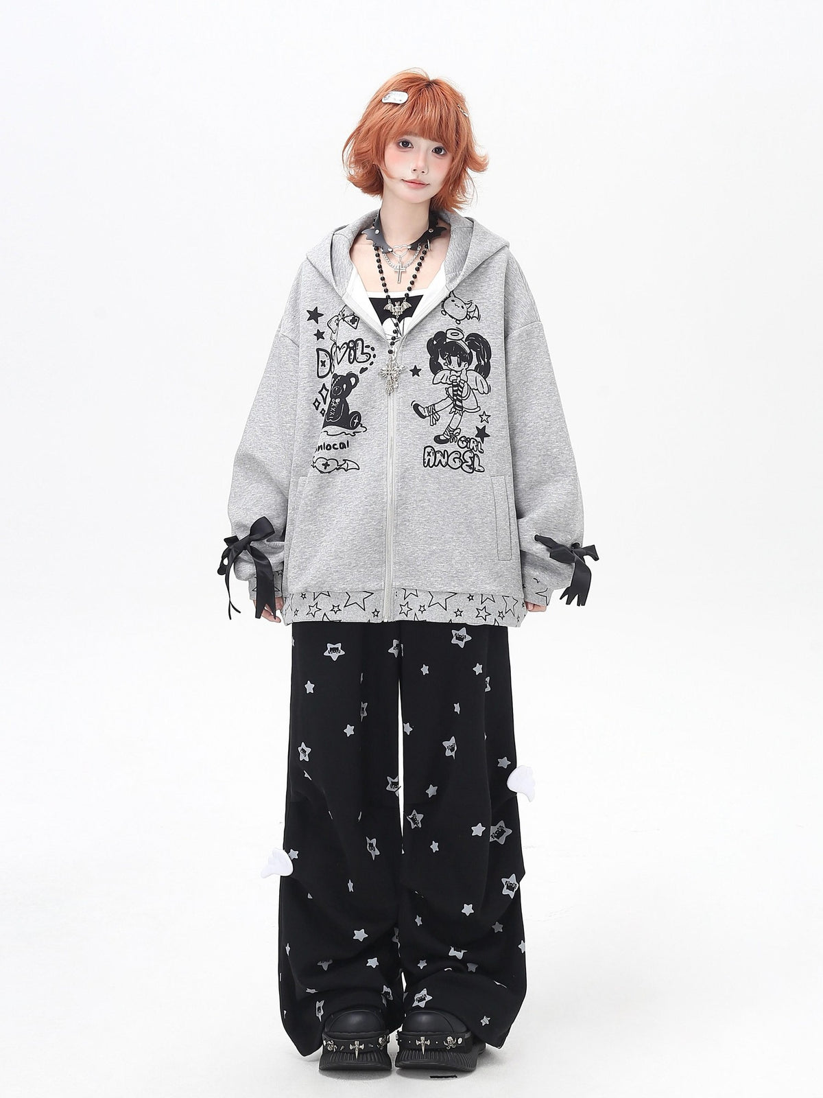Crazy Girl 3d Wings Lace Up Subculture Hooded Loose Midlength Women&