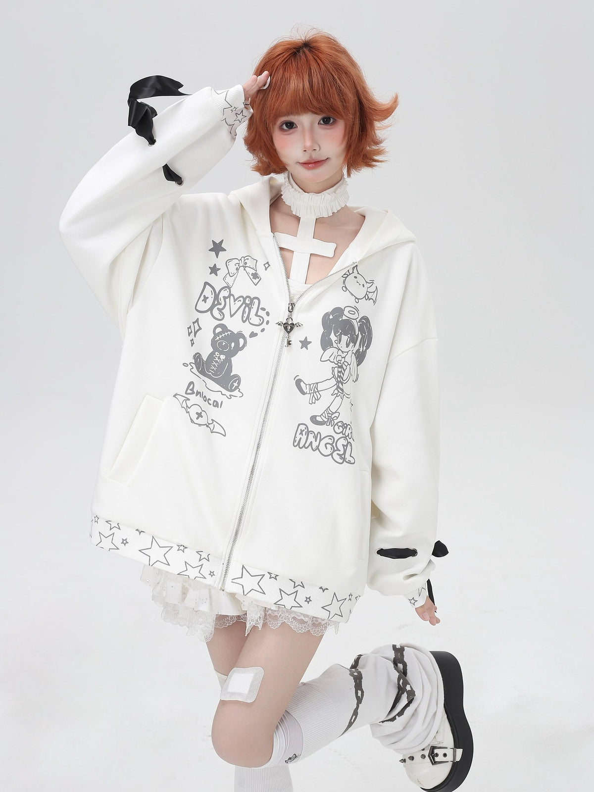 Crazy Girl 3d Wings Lace Up Subculture Hooded Loose Midlength Women&