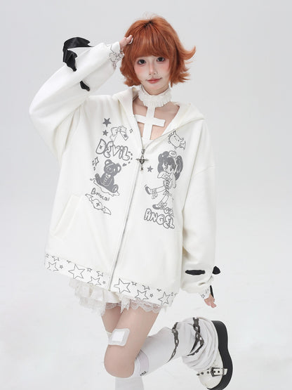 Crazy Girl 3d Wings Lace Up Subculture Hooded Loose Midlength Women&