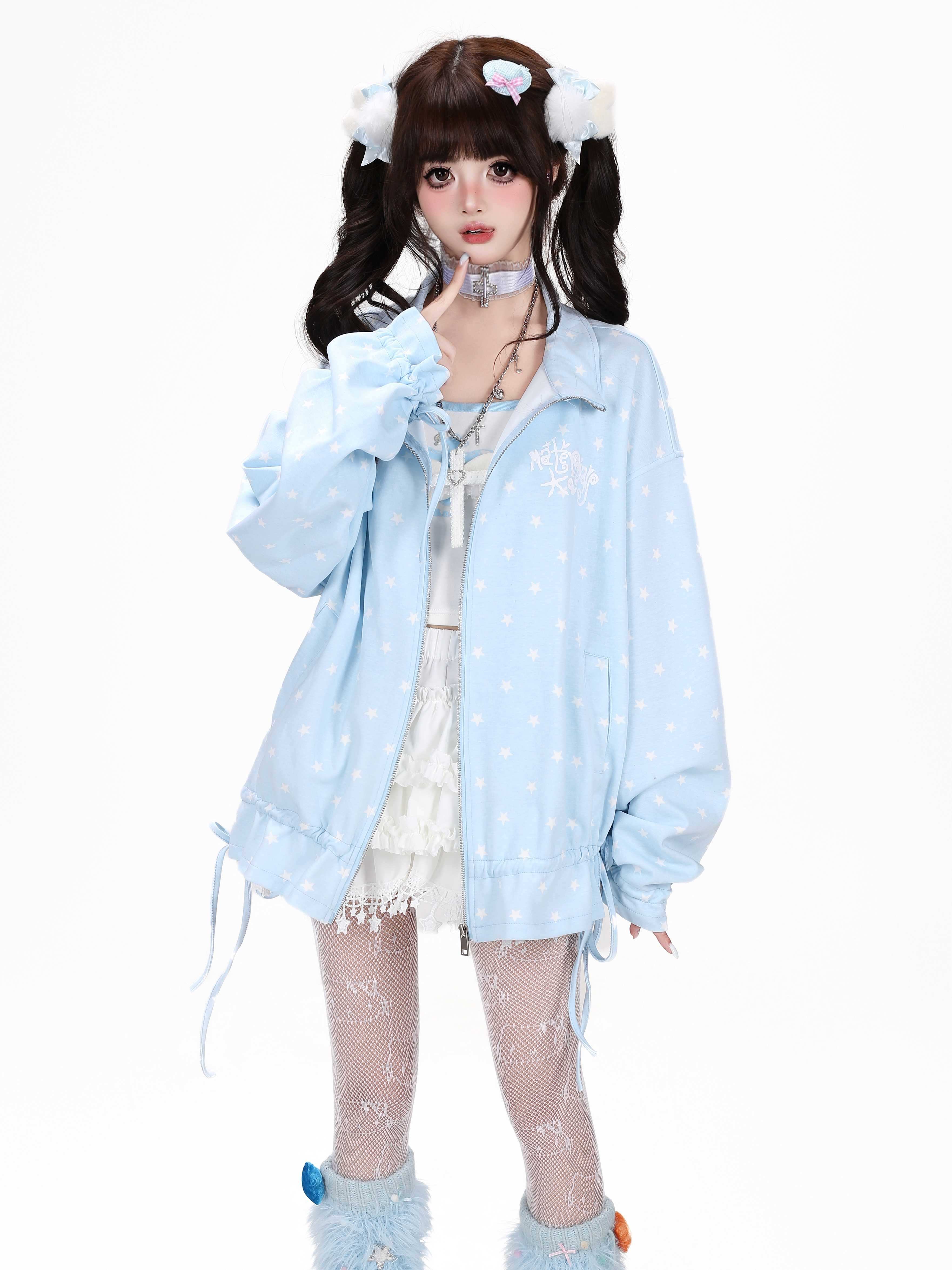 Crazy_Girl_Allover_Star_Print_Stand_Collar_Drawstring_Loose_Fit_Women&