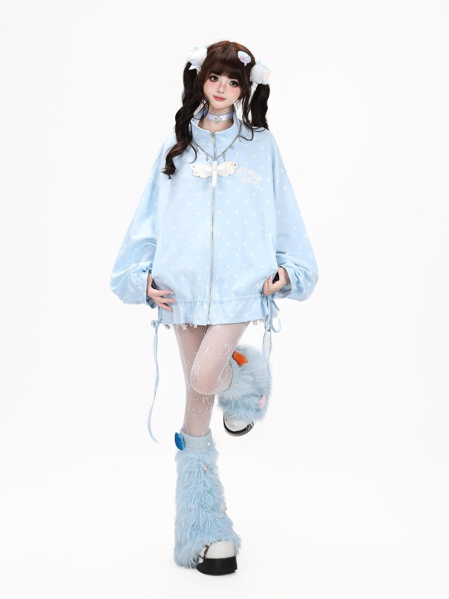 Crazy Girl Allover Star Print Stand Collar Drawstring Loose Fit Women&