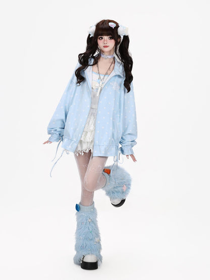 Crazy Girl Allover Star Print Stand Collar Drawstring Loose Fit Women&