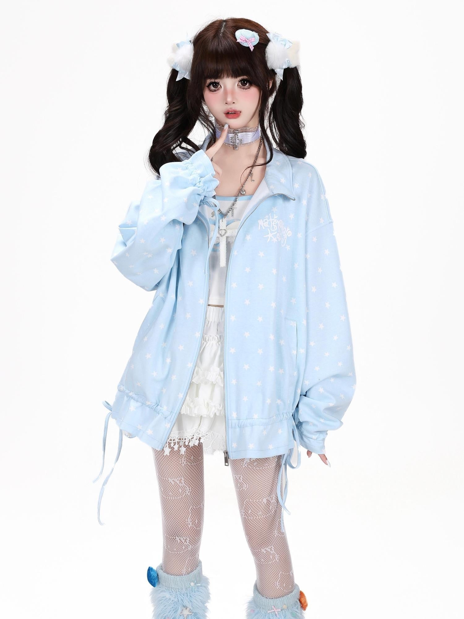 Crazy Girl Allover Star Print Stand Collar Drawstring Loose Fit Women&