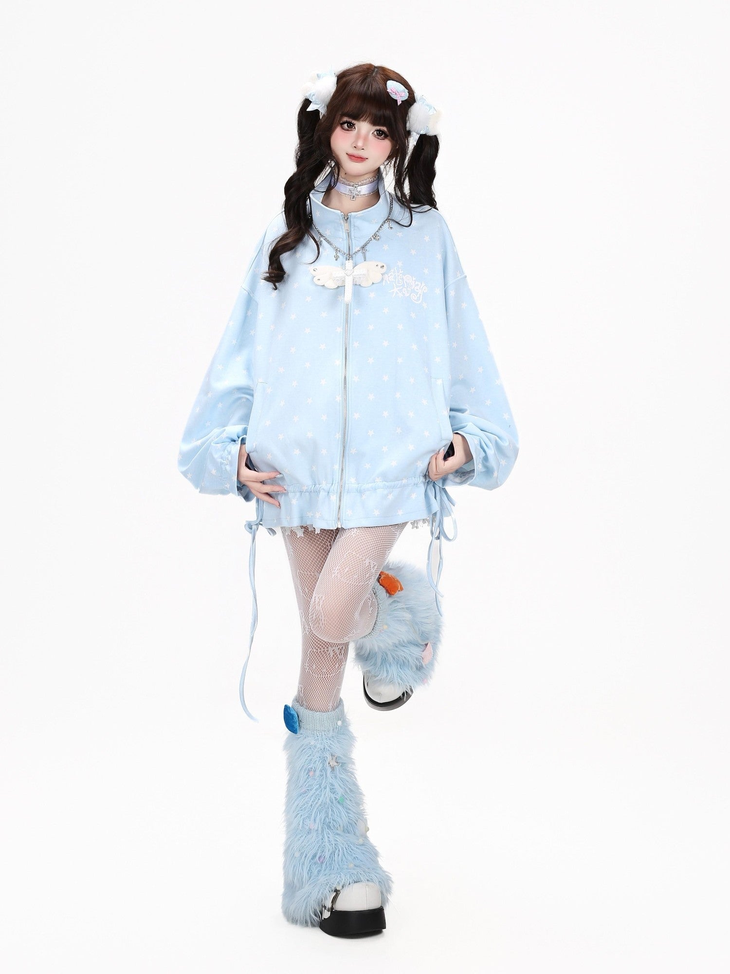 Crazy Girl Allover Star Print Stand Collar Drawstring Loose Fit Women&