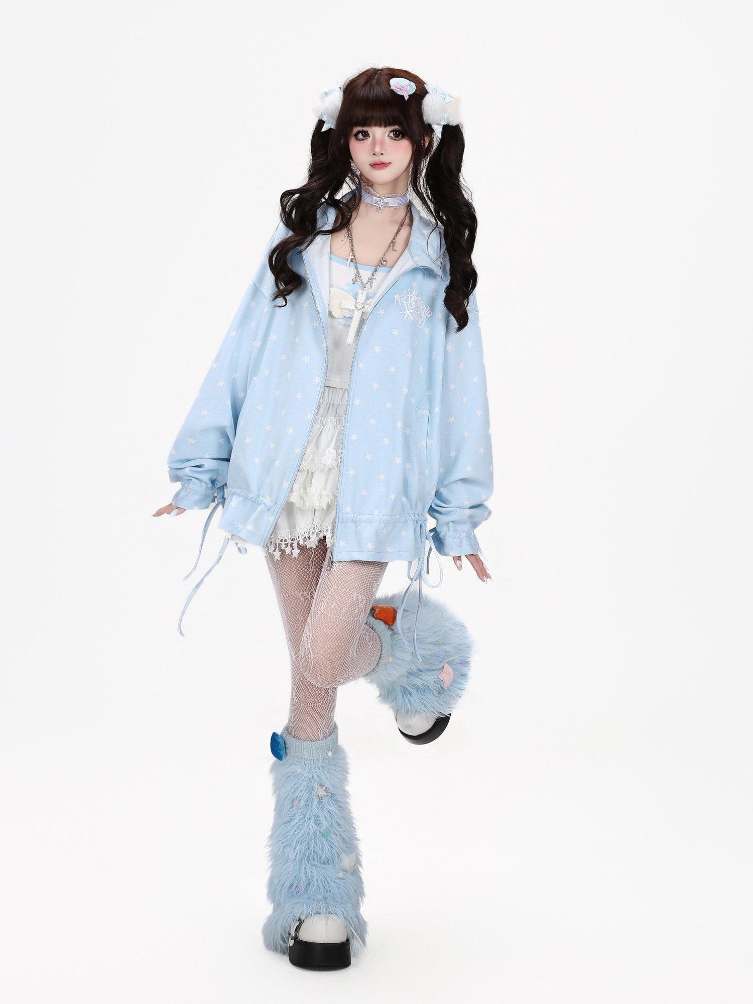 Crazy Girl Allover Star Print Stand Collar Drawstring Loose Fit Women&