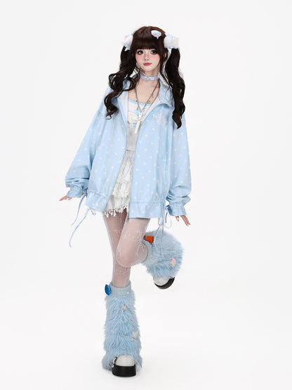 Crazy Girl Allover Star Print Stand Collar Drawstring Loose Fit Women&
