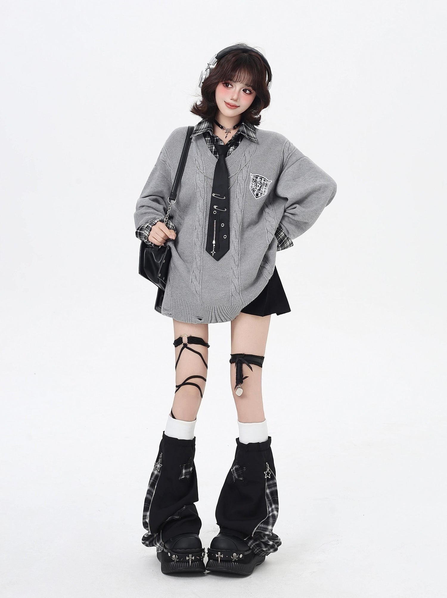 Crazy_Girl_American_Vintage_Plaid_Faux_Layered_V-neck_Cardigan_Women&