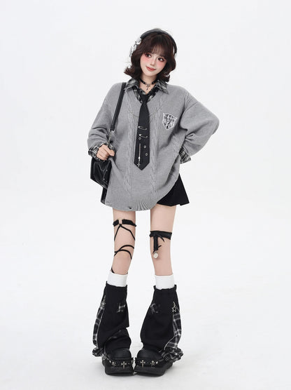 Crazy_Girl_American_Vintage_Plaid_Faux_Layered_V-neck_Cardigan_Women&