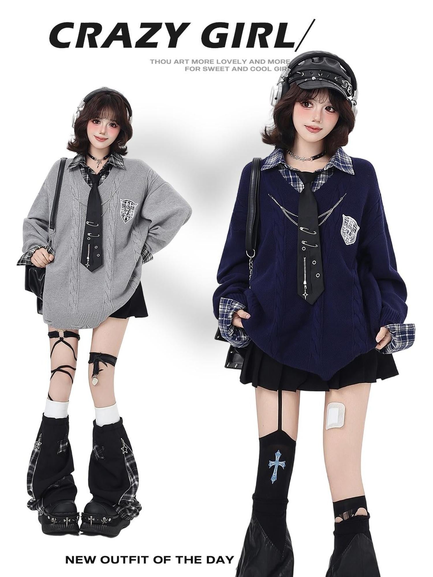 Crazy Girl American Vintage Plaid Faux Layered V-neck Cardigan Women&