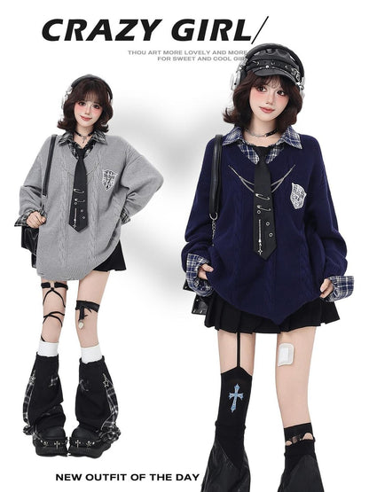 Crazy Girl American Vintage Plaid Faux Layered V-neck Cardigan Women&