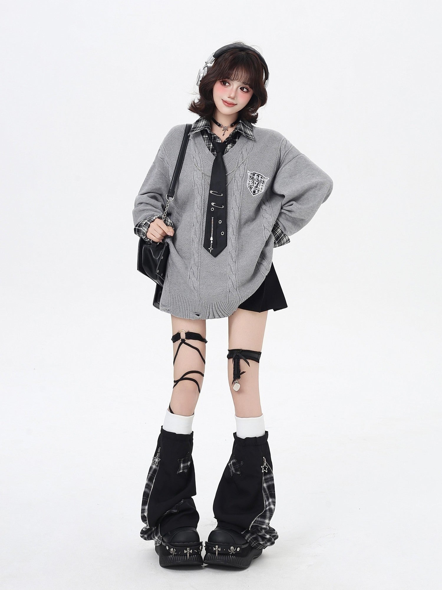 Crazy Girl American Vintage Plaid Faux Layered V-neck Cardigan Women&