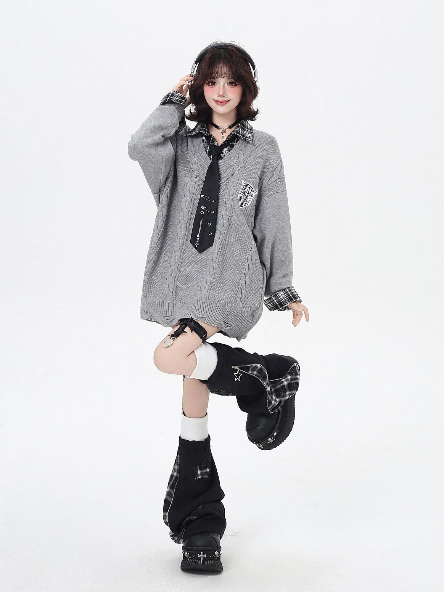 Crazy Girl American Vintage Plaid Faux Layered V-neck Cardigan Women&